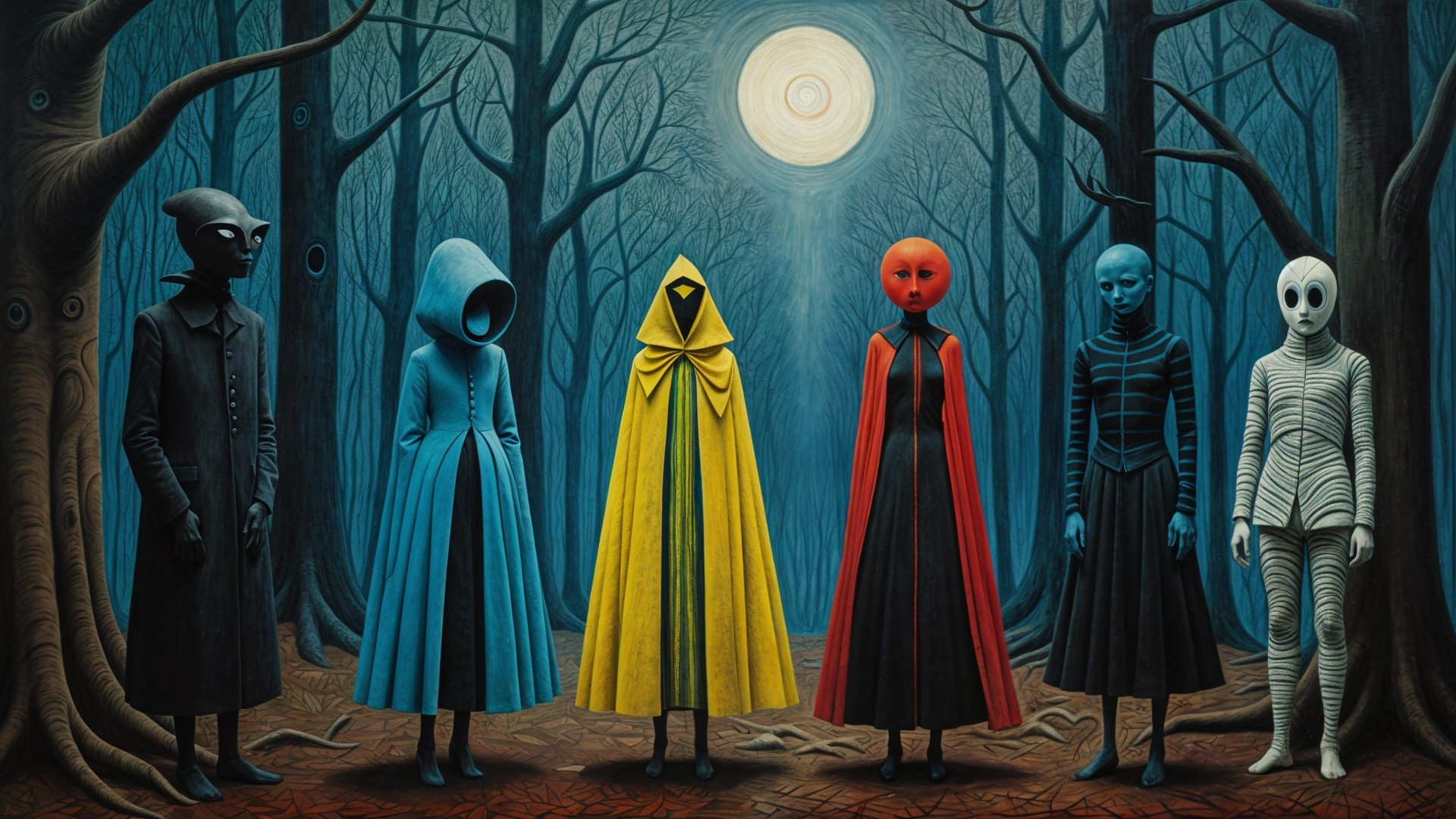 Surreal Forest with Six Enigmatic Figures at Night