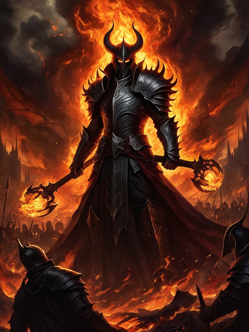 Dark Armored Figure Amidst Flames and Kneeling Soldiers