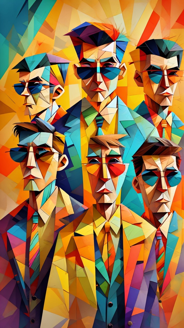Vibrant Geometric Artwork with Stylized Figures