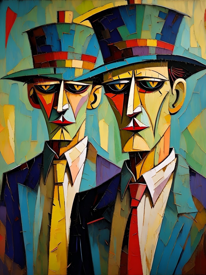 Abstract Figures in Suits with Bold Colors and Shapes