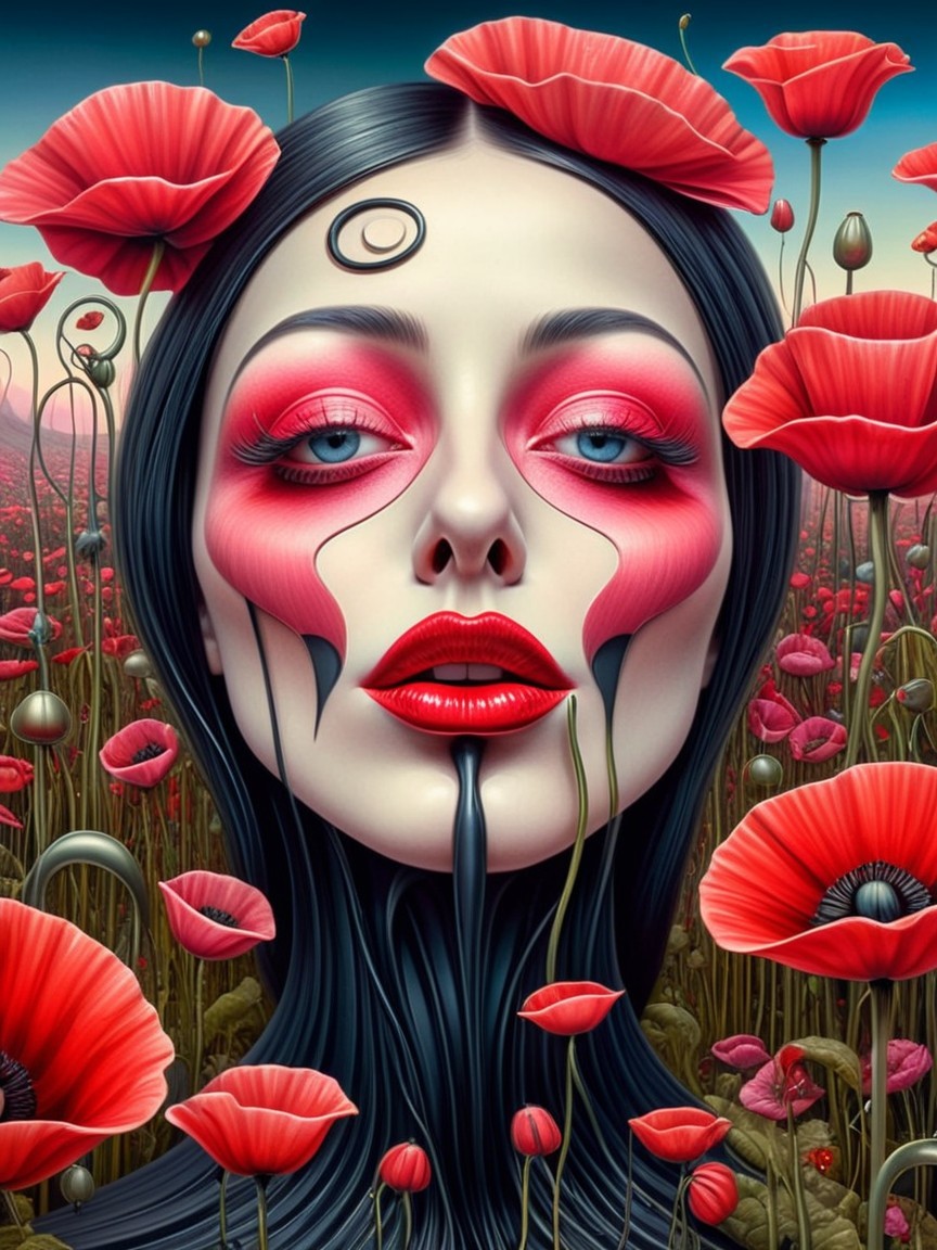 Portrait of a Woman with Red Poppies and Bold Makeup