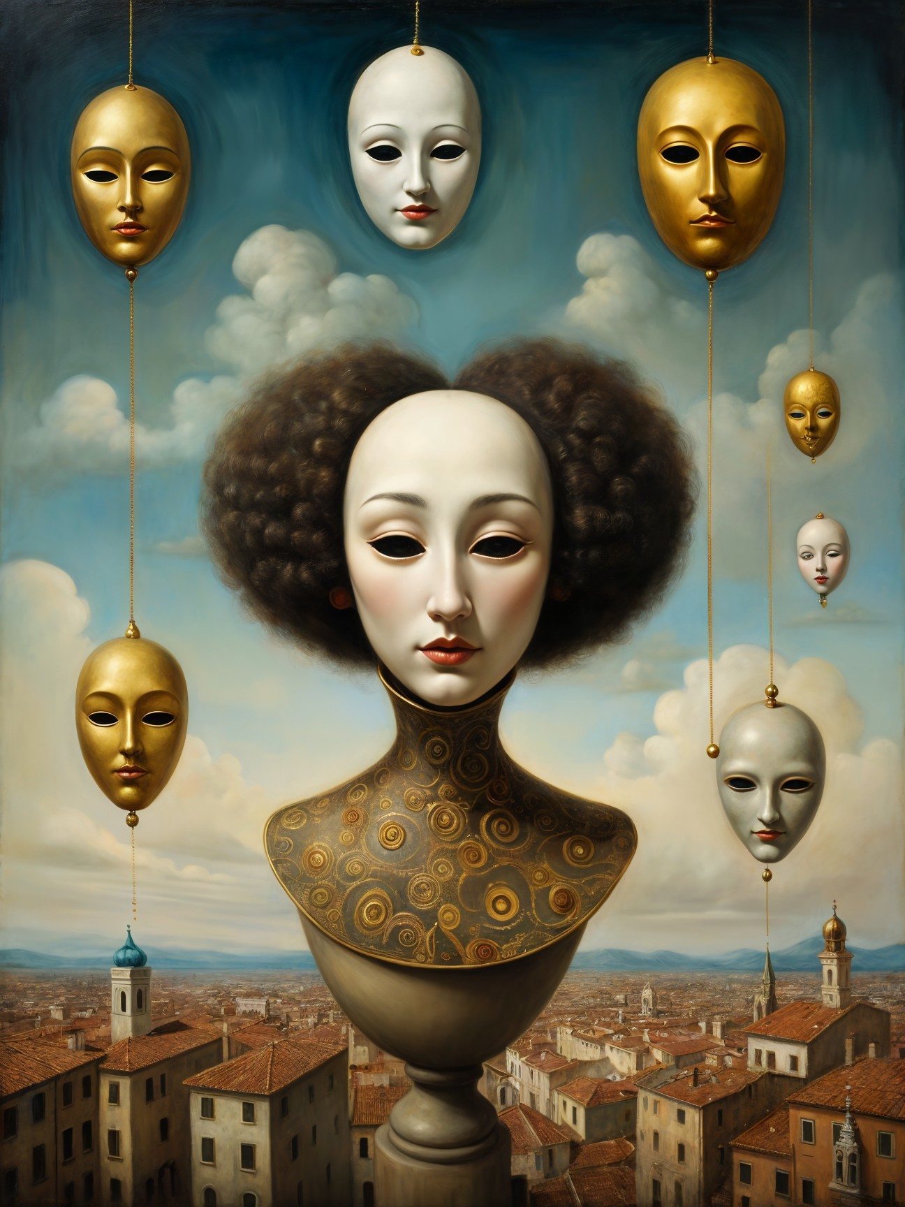 Serene Figure with Masks in Dreamlike Cityscape