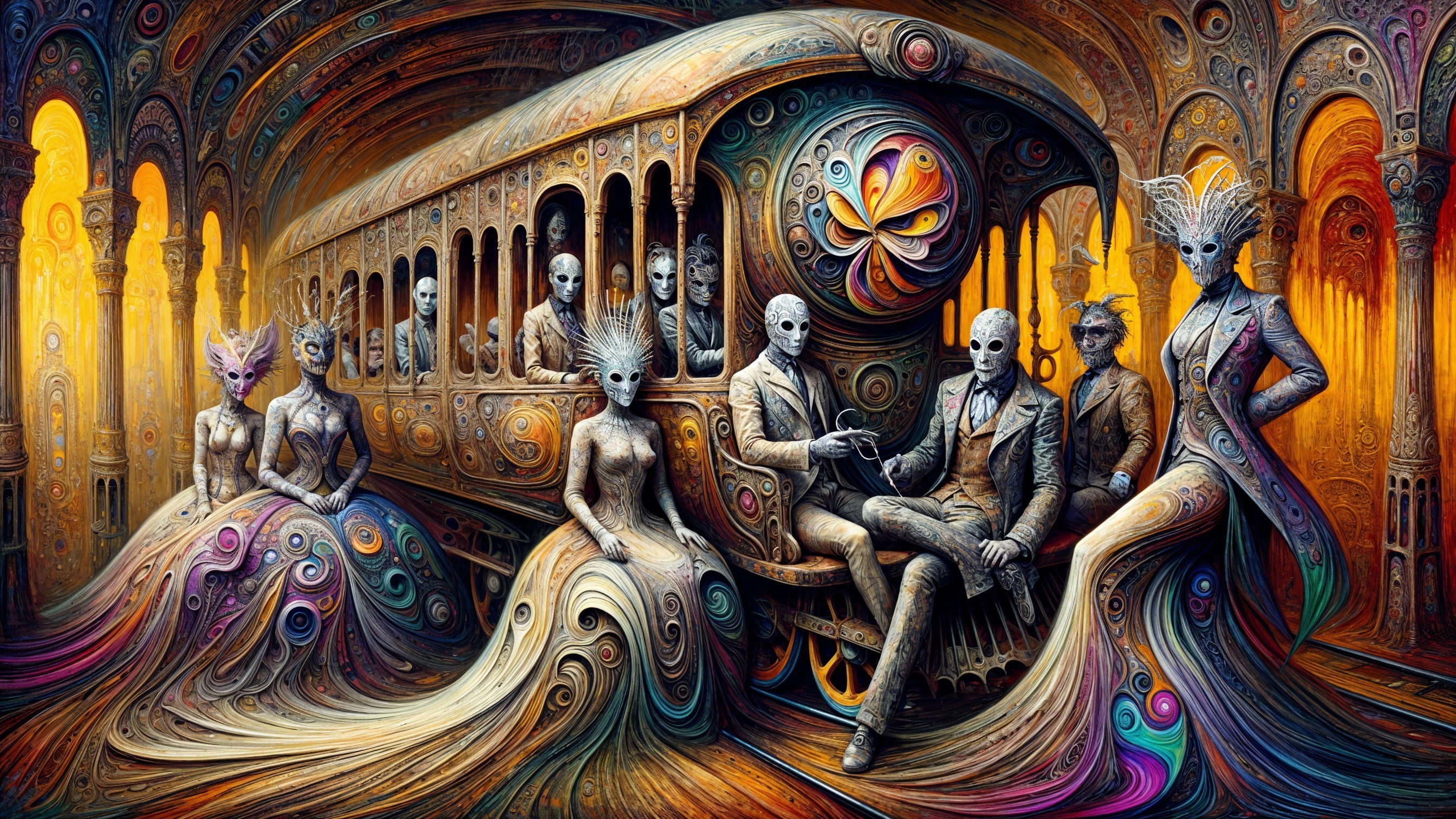 Surreal Train Scene with Masked Figures in Gowns
