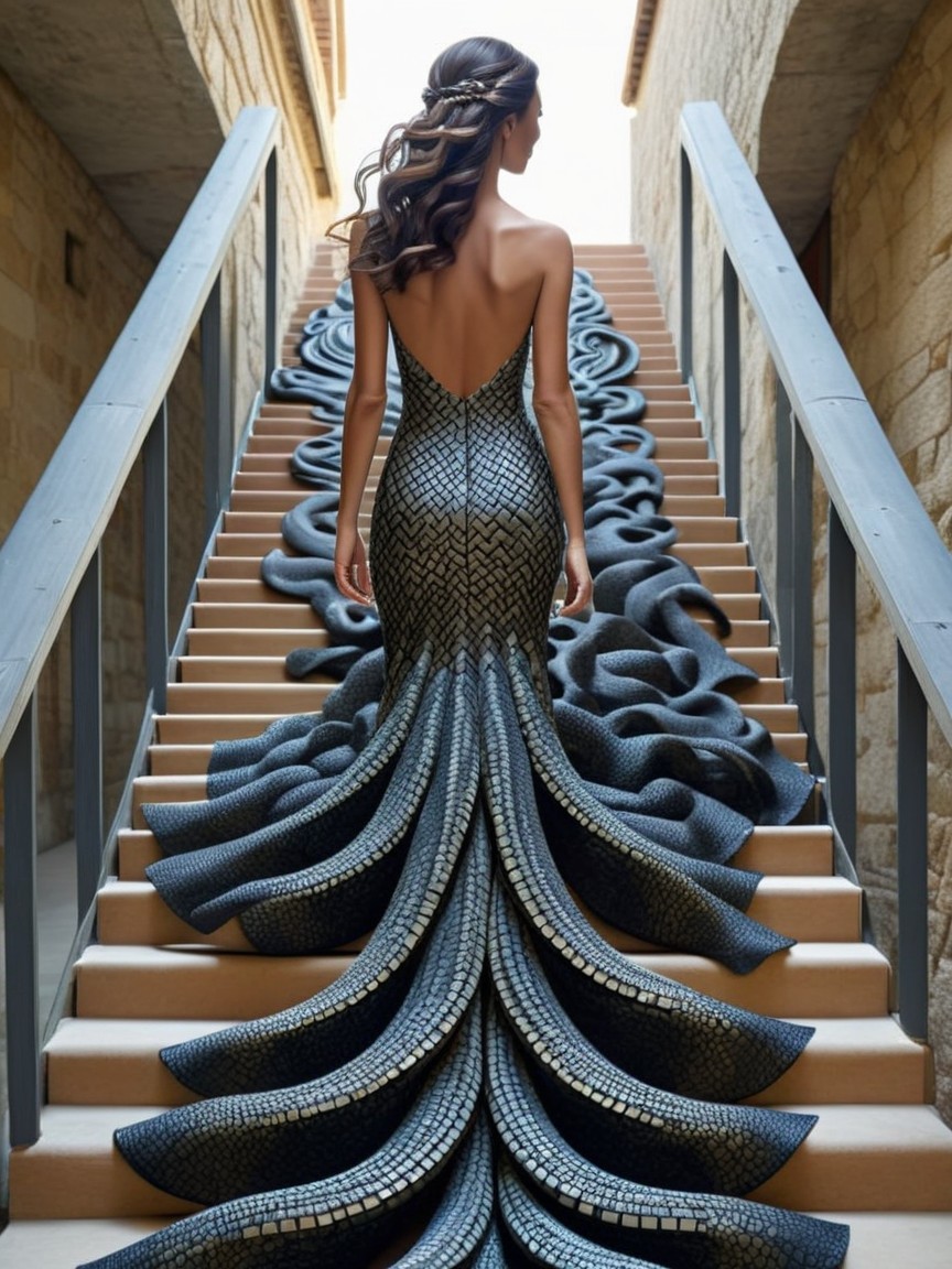 Elegant Woman on Staircase in Textured Gown