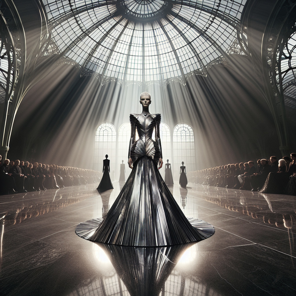 Futuristic Metallic Gown Displayed in Sunlit Hall