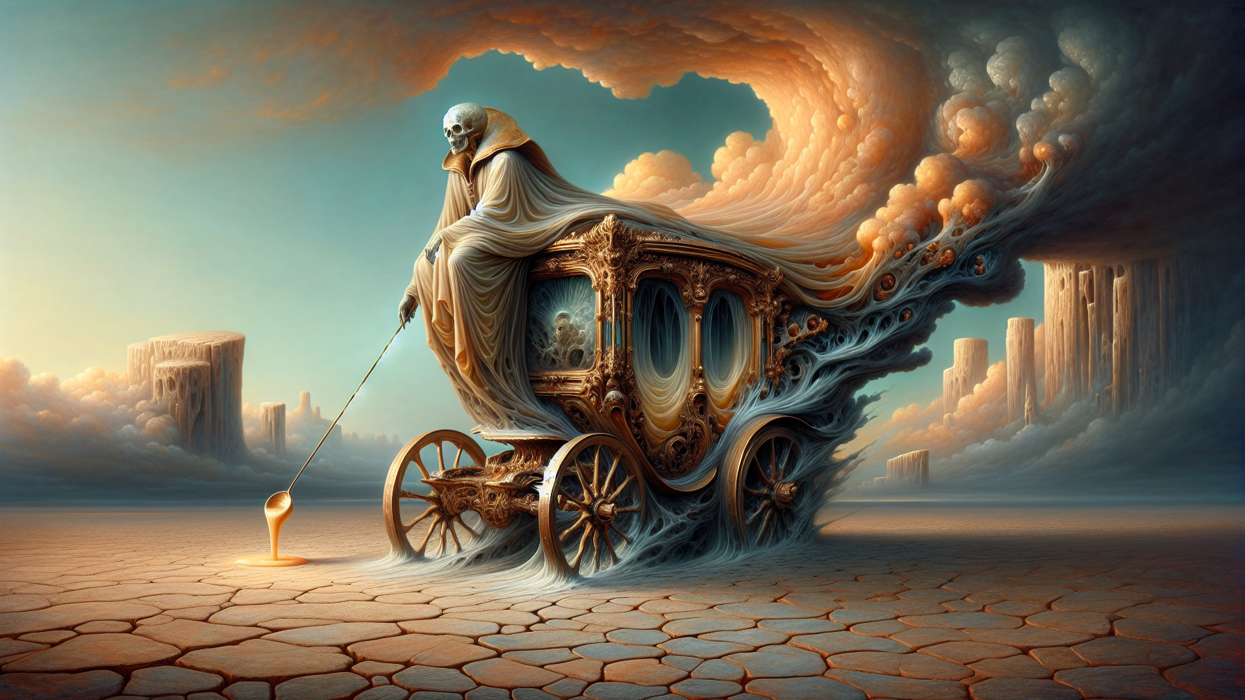 Ghostly Carriage and Spectral Coachman in Surreal Landscape