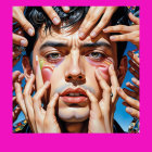 Close-up of a young man's face with gripping hands