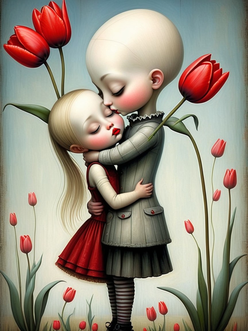 Whimsical Illustration of Embrace Amid Tulips