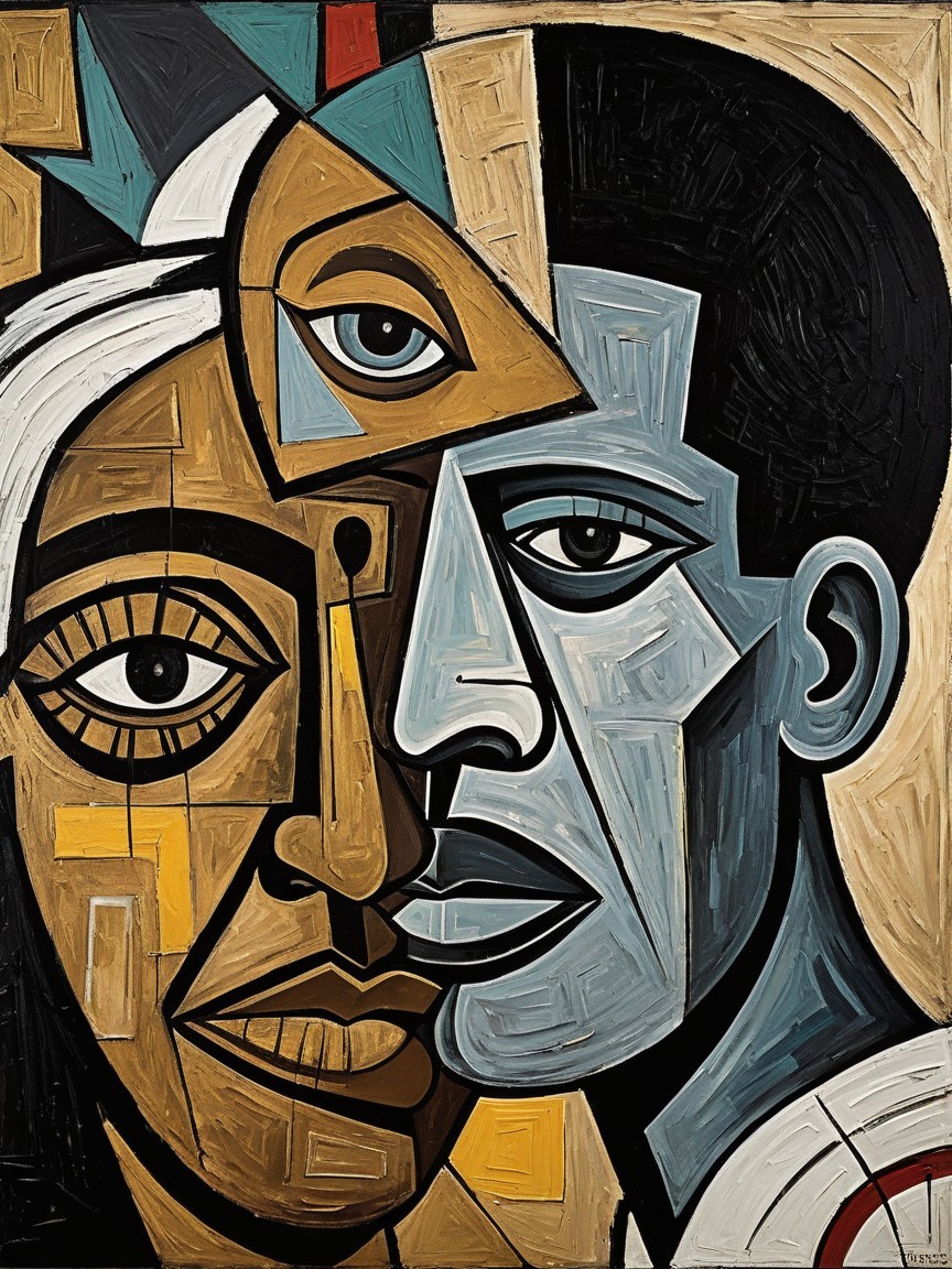 Dual Portrait of Woman and Man in Geometric Design