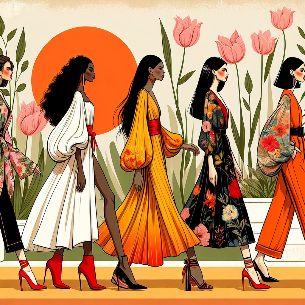 Fashionable Women in Colorful Outfits with Tulips