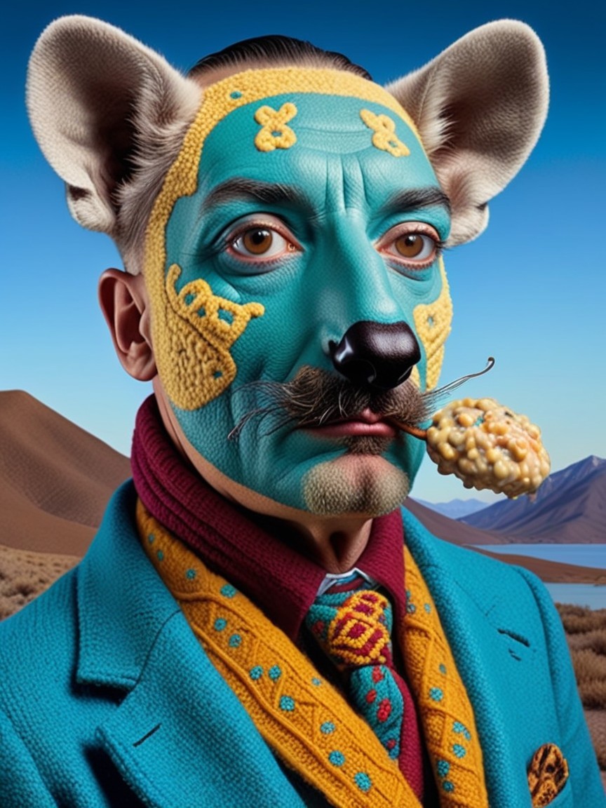 Surreal Portrait of a Man with Turquoise Face and Patterns