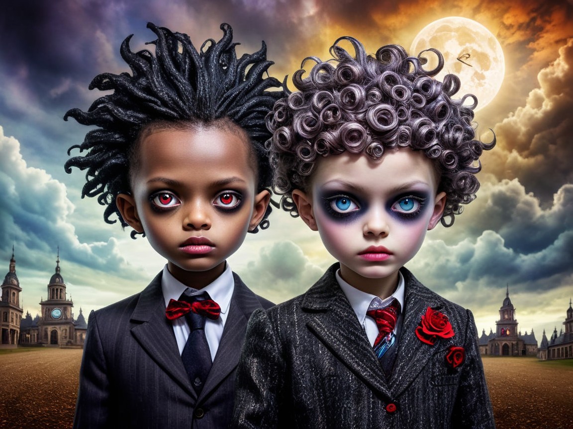Gothic Dolls in Formal Attire with Mystical Backdrop