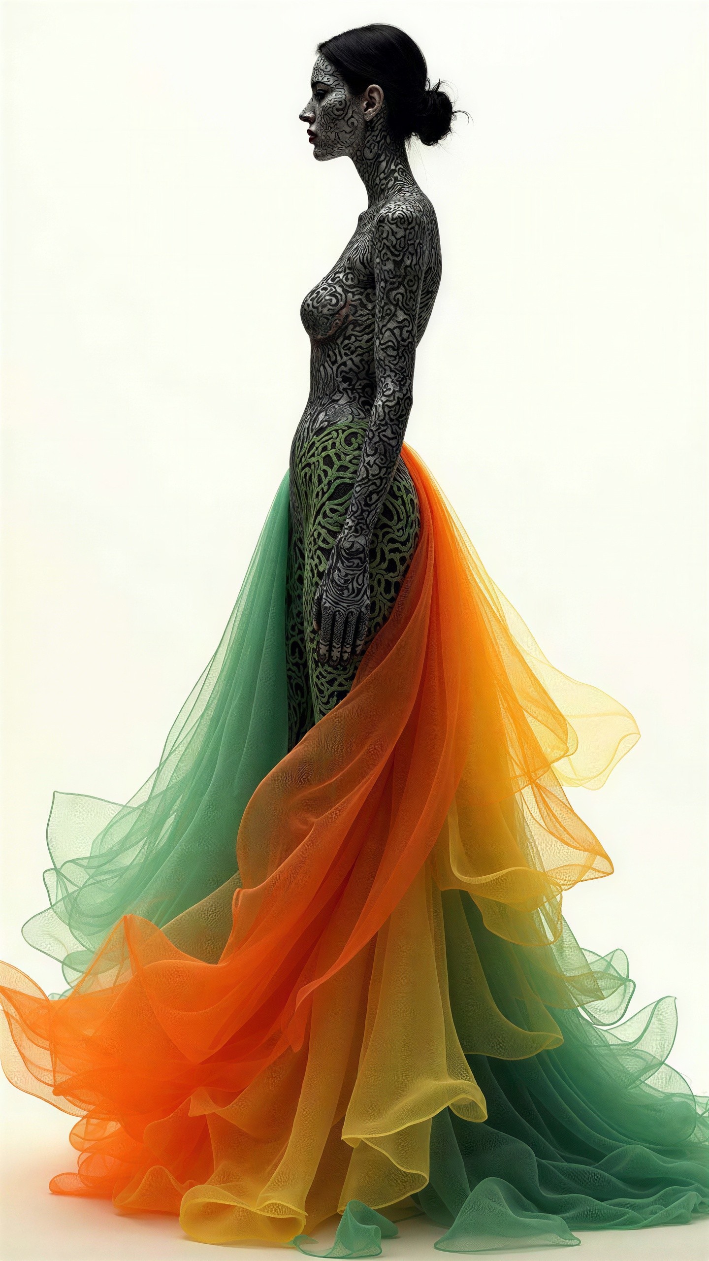 Woman in Profile with Mehndi Patterns and Flowing Skirt