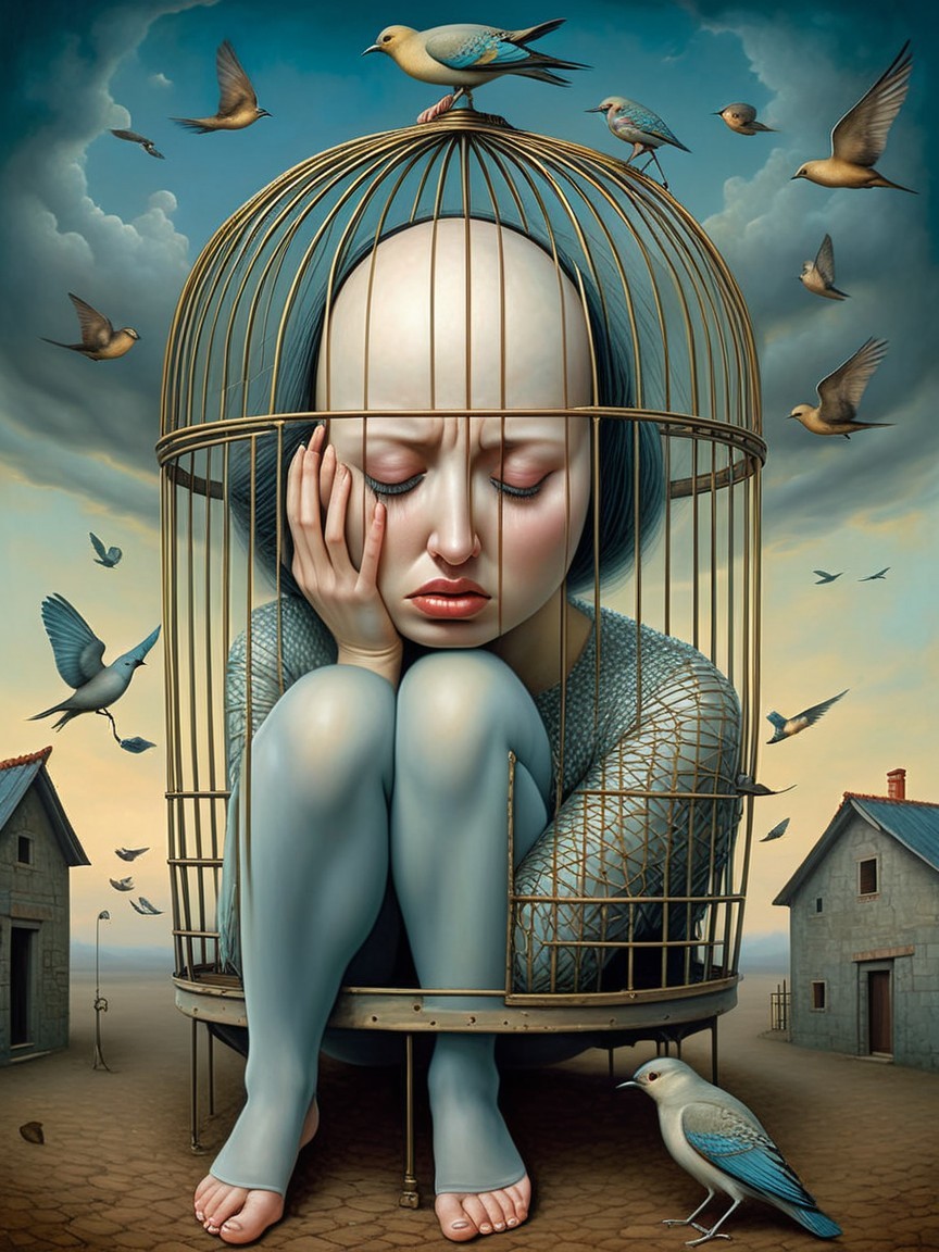 Melancholic Figure in Birdcage with Flying Birds