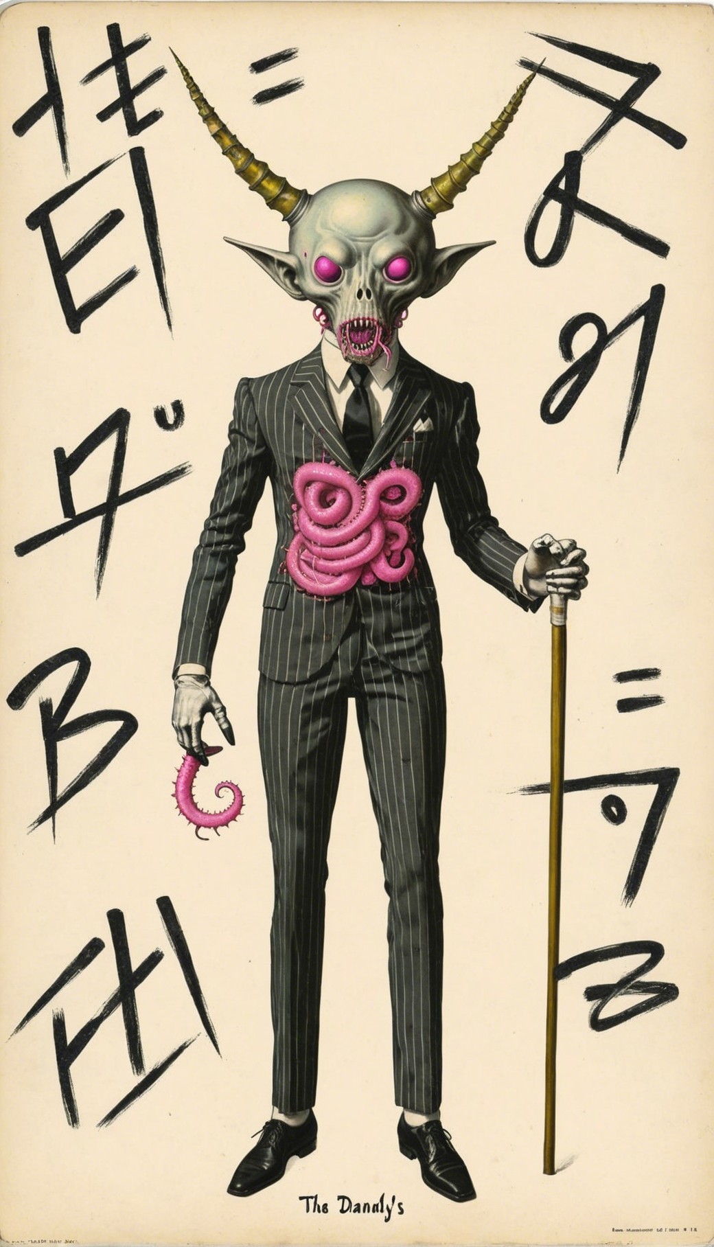 Surreal Figure in Pinstripe Suit with Skull Head