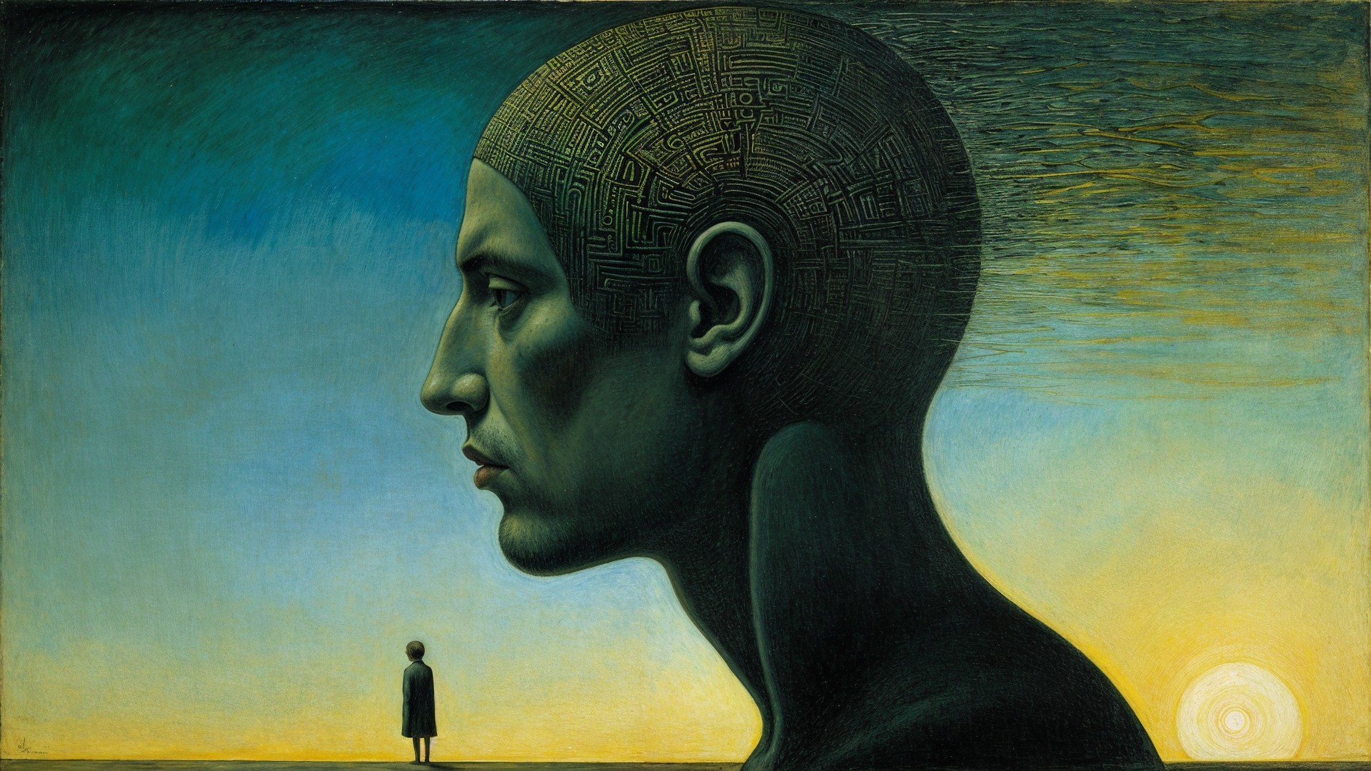 Large Textured Head Against Gradient Sky with Figure