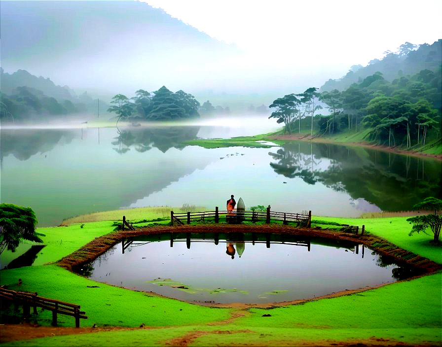 Tranquil Lake Surrounded by Misty Mountains and Greenery