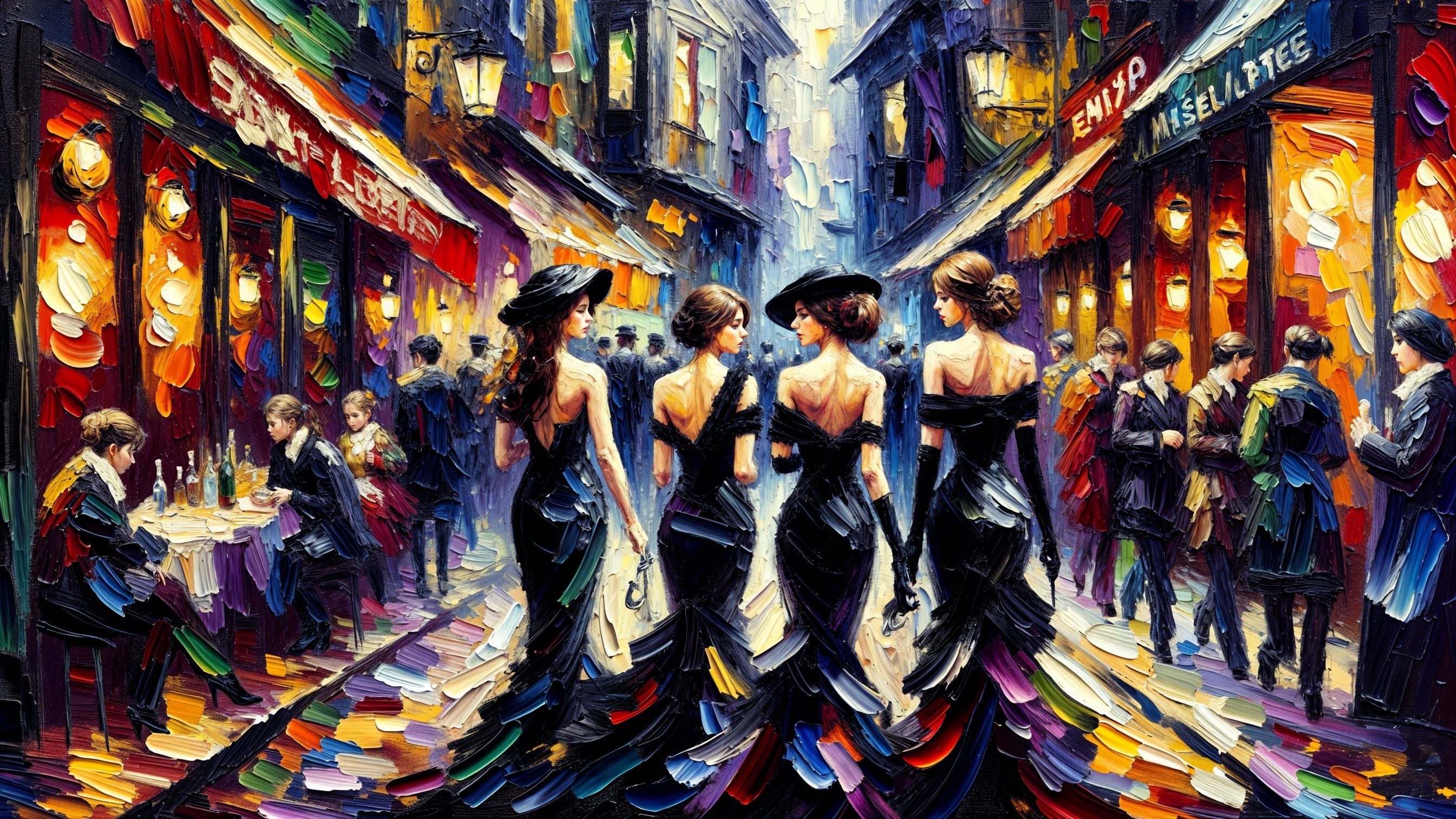 Impressionistic Street Scene with Elegantly Dressed Women
