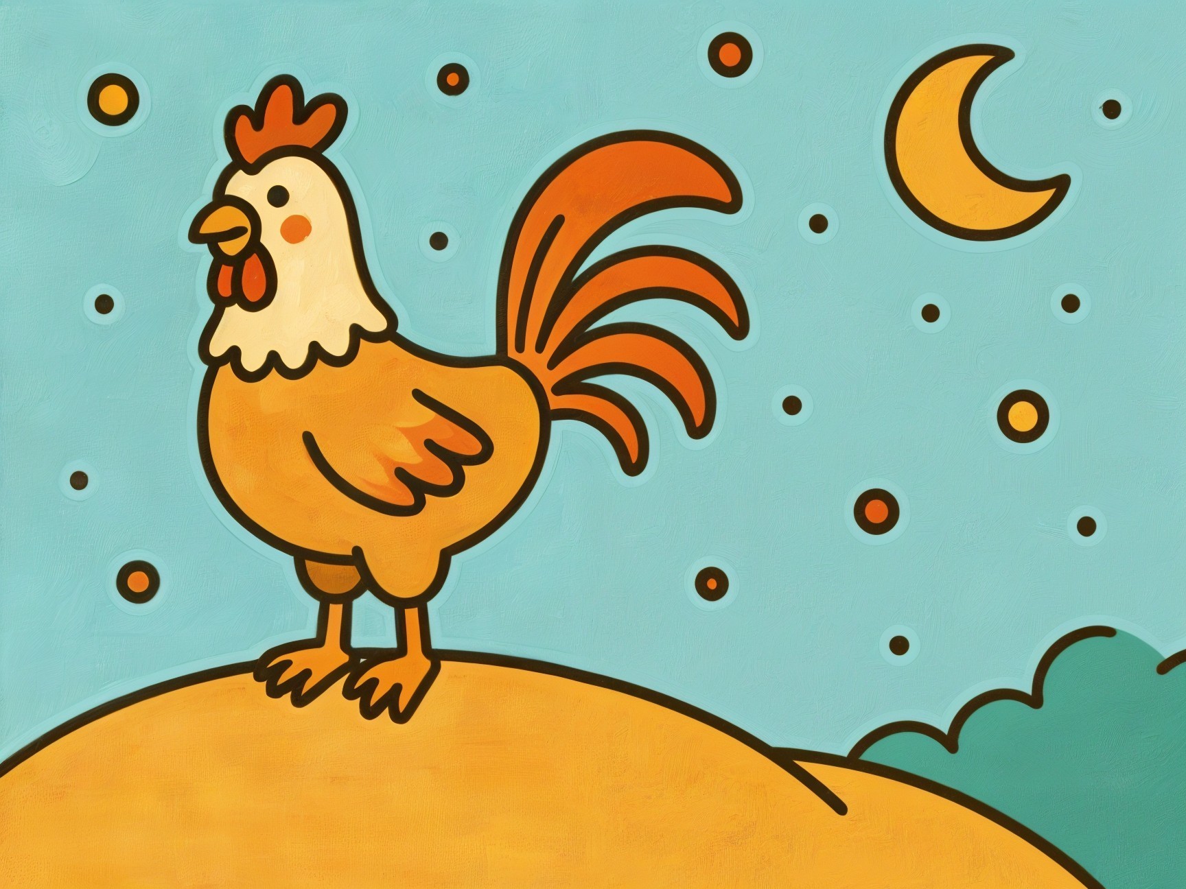 Cheerful Cartoon Rooster in Whimsical Night Scene