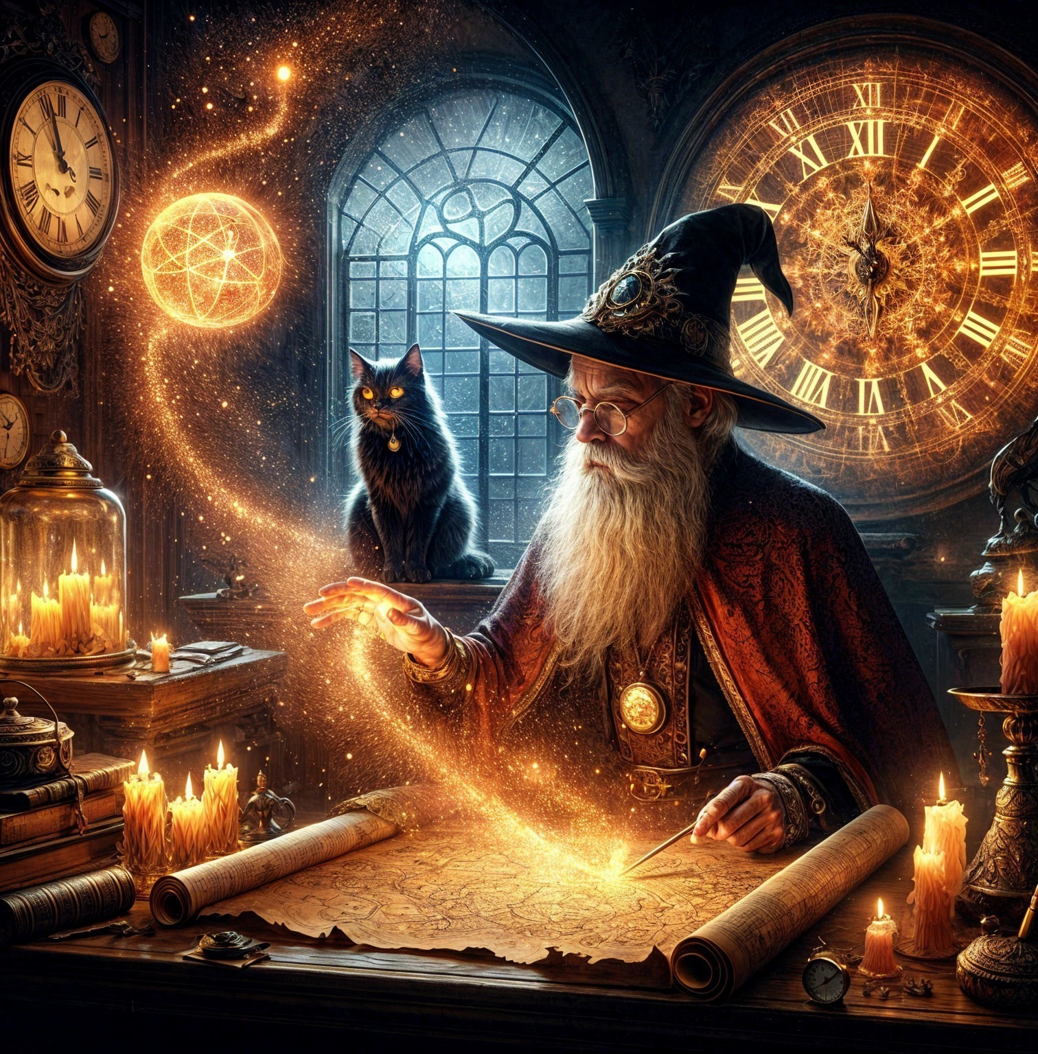 Elderly wizard studying ancient map in alchemist's workshop