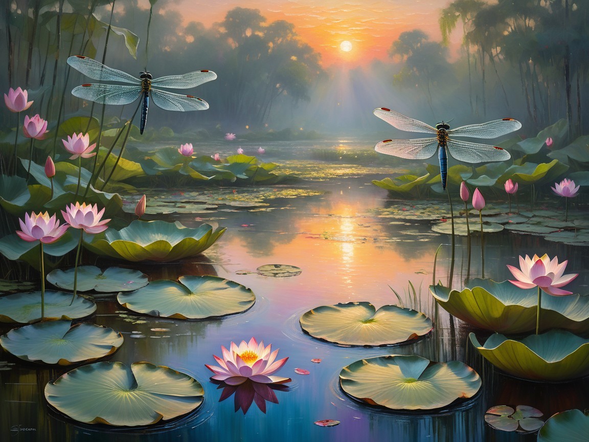 Serene Pond at Sunrise with Water Lilies and Dragonflies