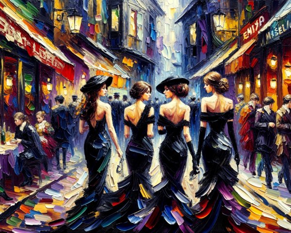 Impressionistic Street Scene with Elegantly Dressed Women