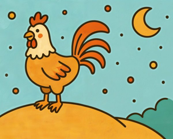 Cheerful Cartoon Rooster in Whimsical Night Scene