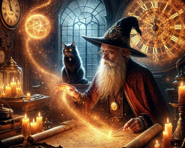 Elderly wizard studying ancient map in alchemist's workshop