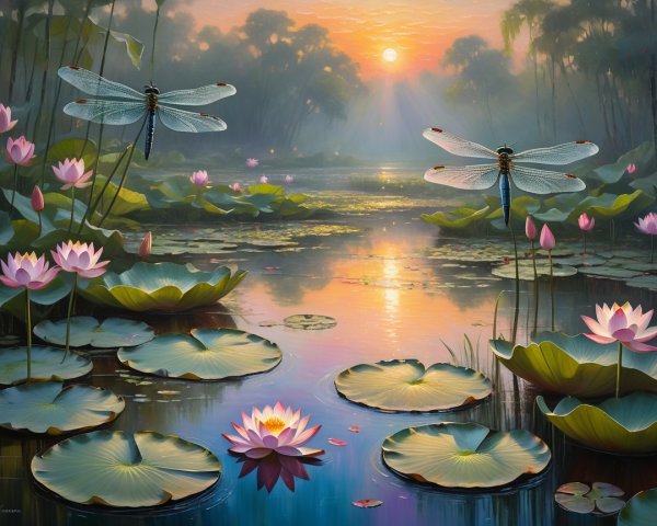 Serene Pond at Sunrise with Water Lilies and Dragonflies