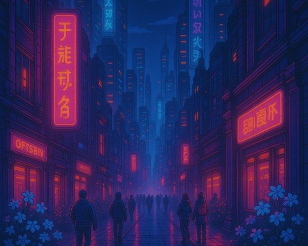 Neon-Lit Urban Street Scene at Night with Shadows