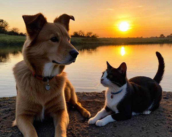 Brown dog and black and white cat by still water at sunset