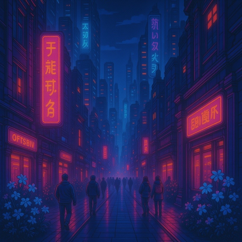 Neon-Lit Urban Street Scene at Night with Shadows