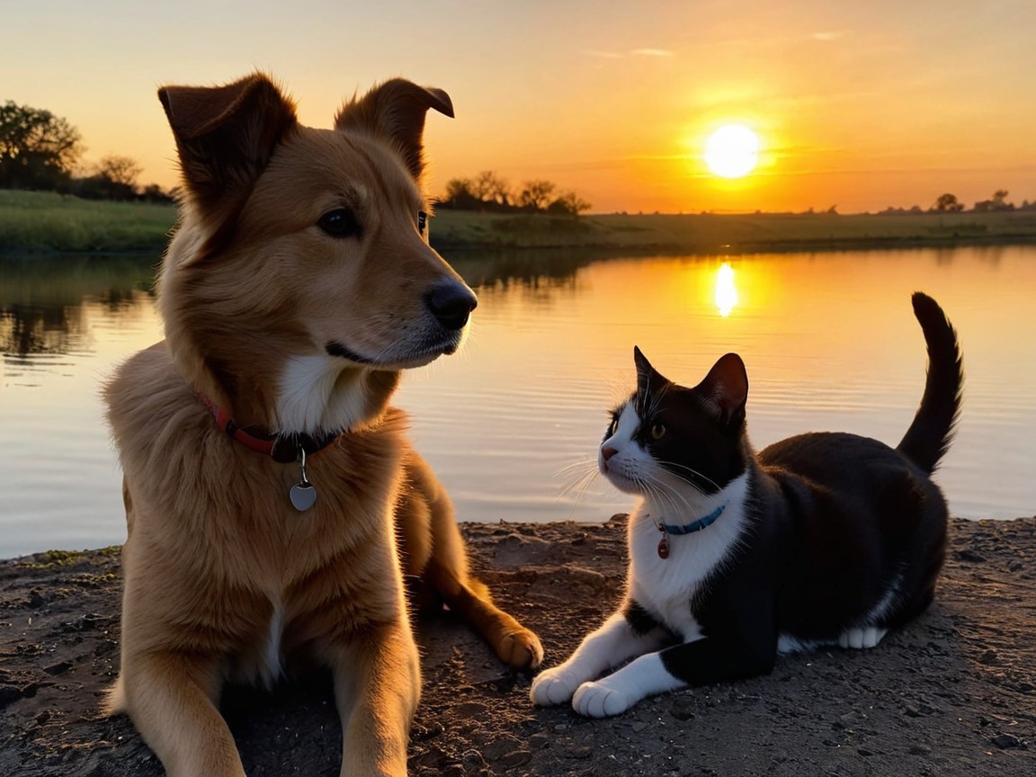 Brown dog and black and white cat by still water at sunset
