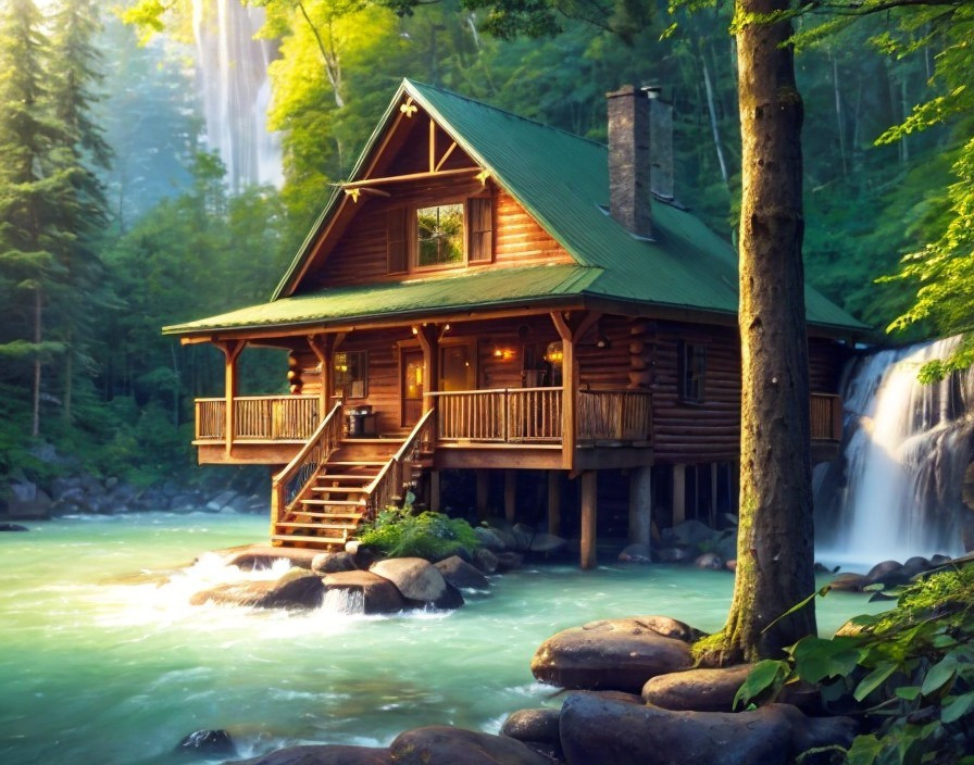 Log Cabin on Stilts by Turquoise River and Waterfalls