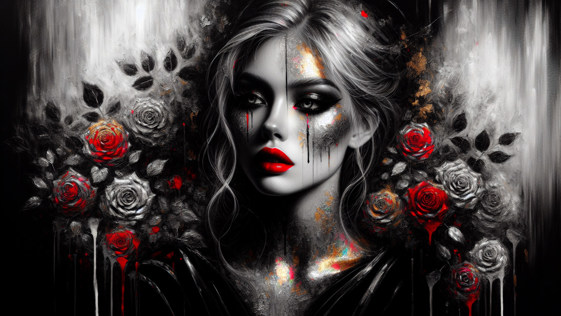 Digital Painting of a Woman Surrounded by Roses