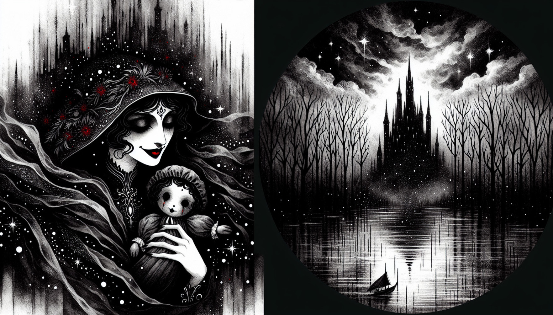 Contrasting Black and White Illustrations of Mystery