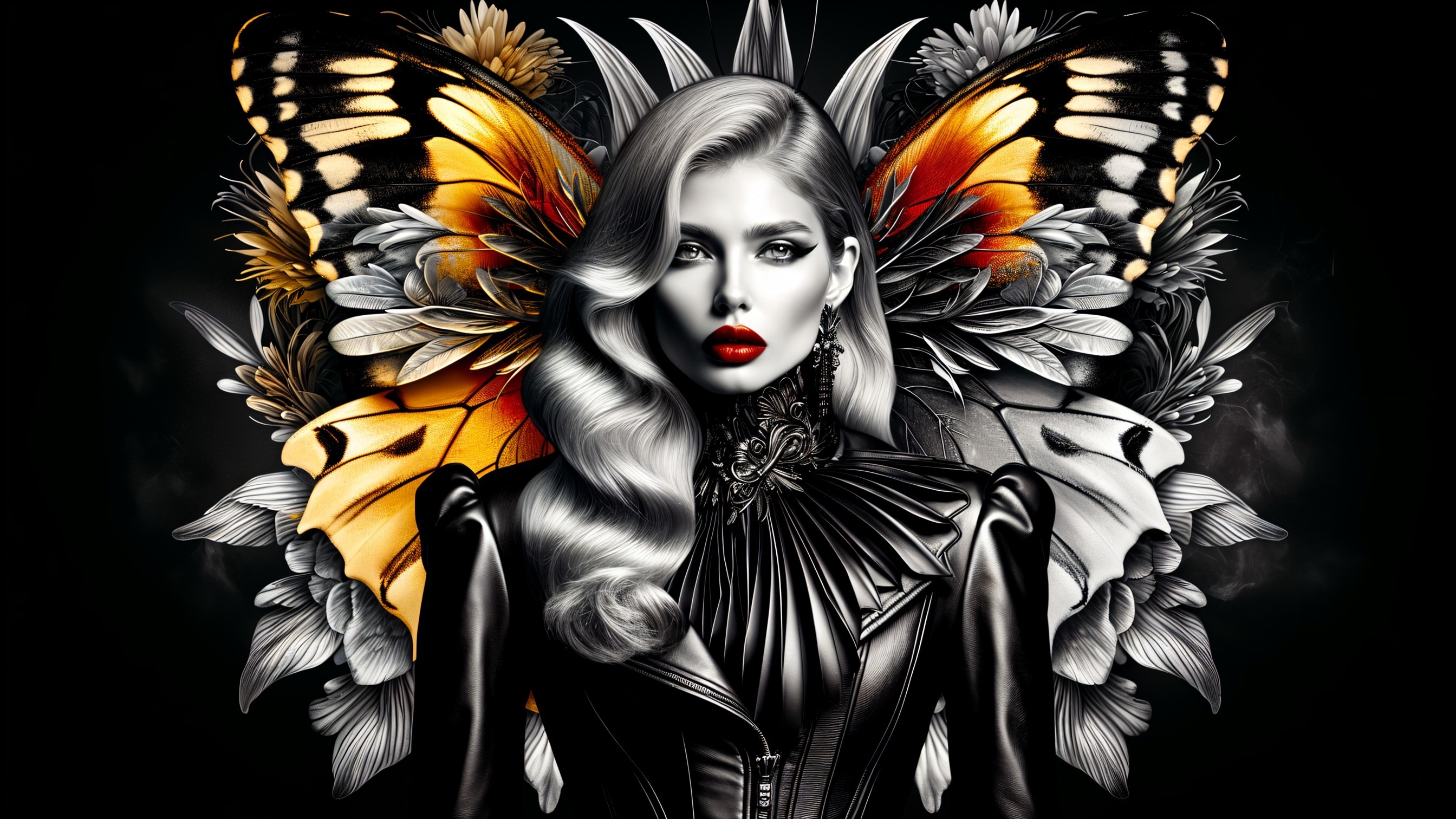Portrait of a Woman with Butterfly Wings and Floral Background