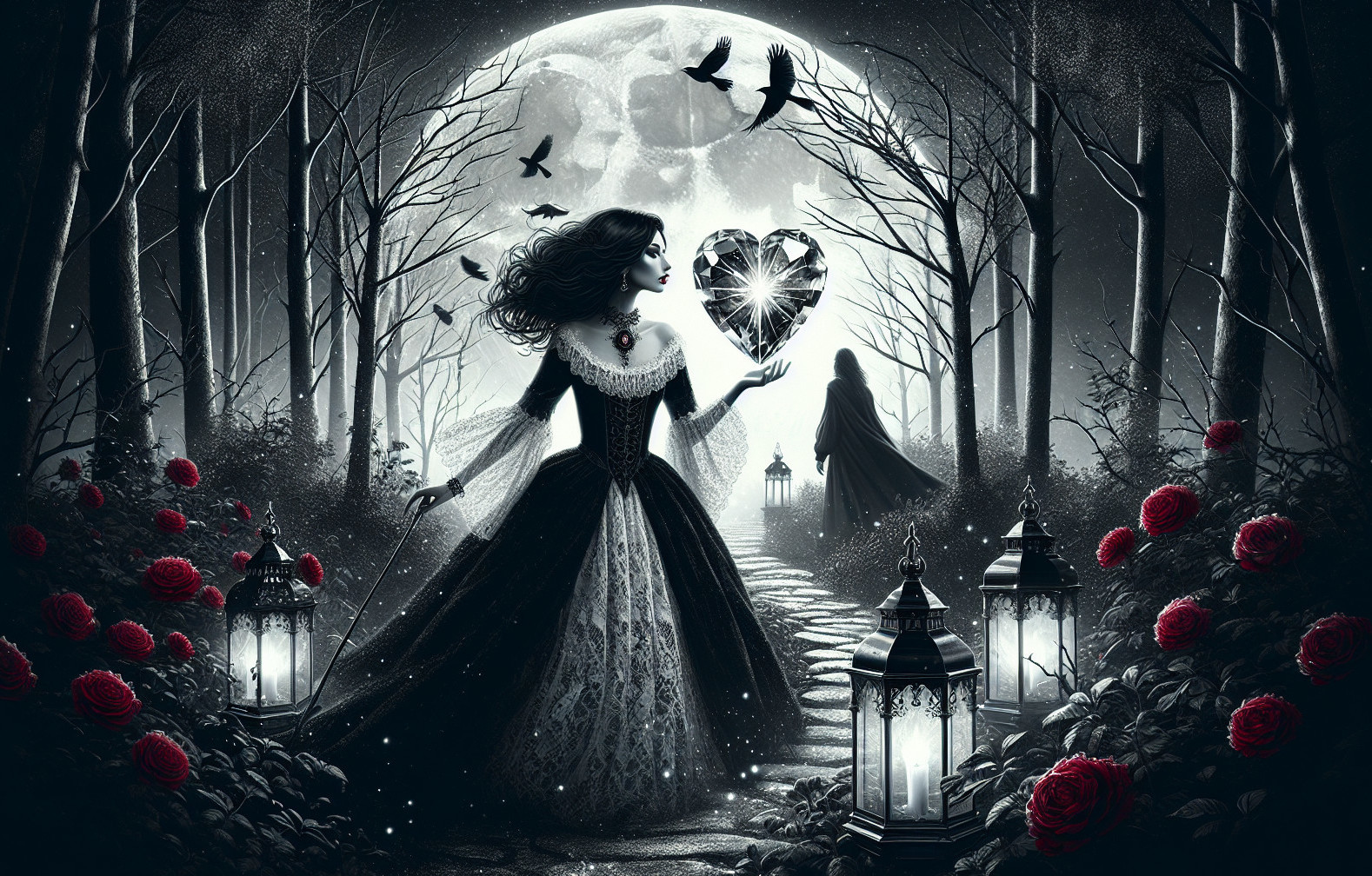 Mysterious figure with glowing heart on moonlit path