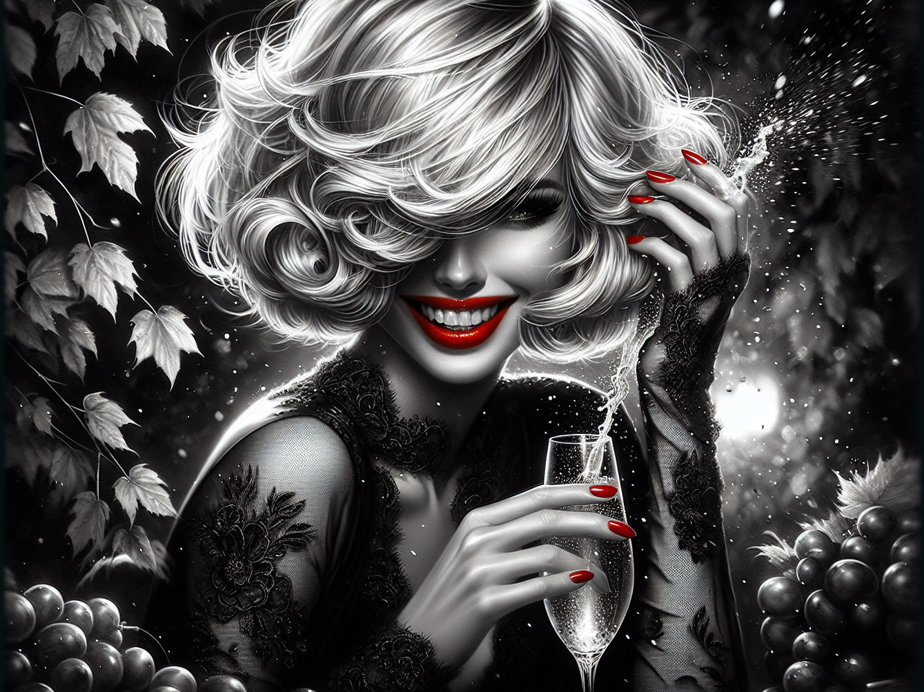 Glamorous Woman with Platinum Hair and Champagne Glass