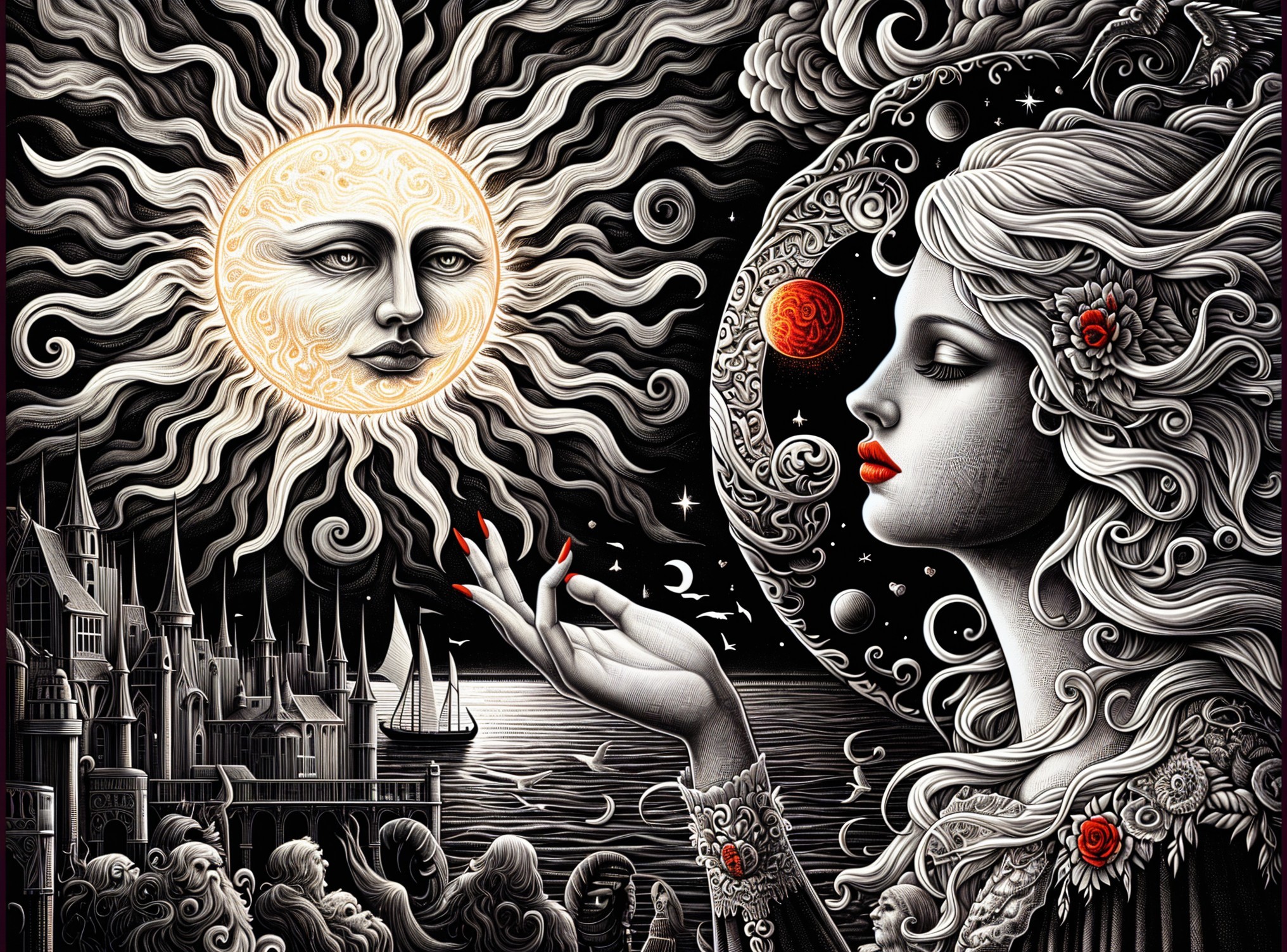 Black and white celestial illustration with gothic elements