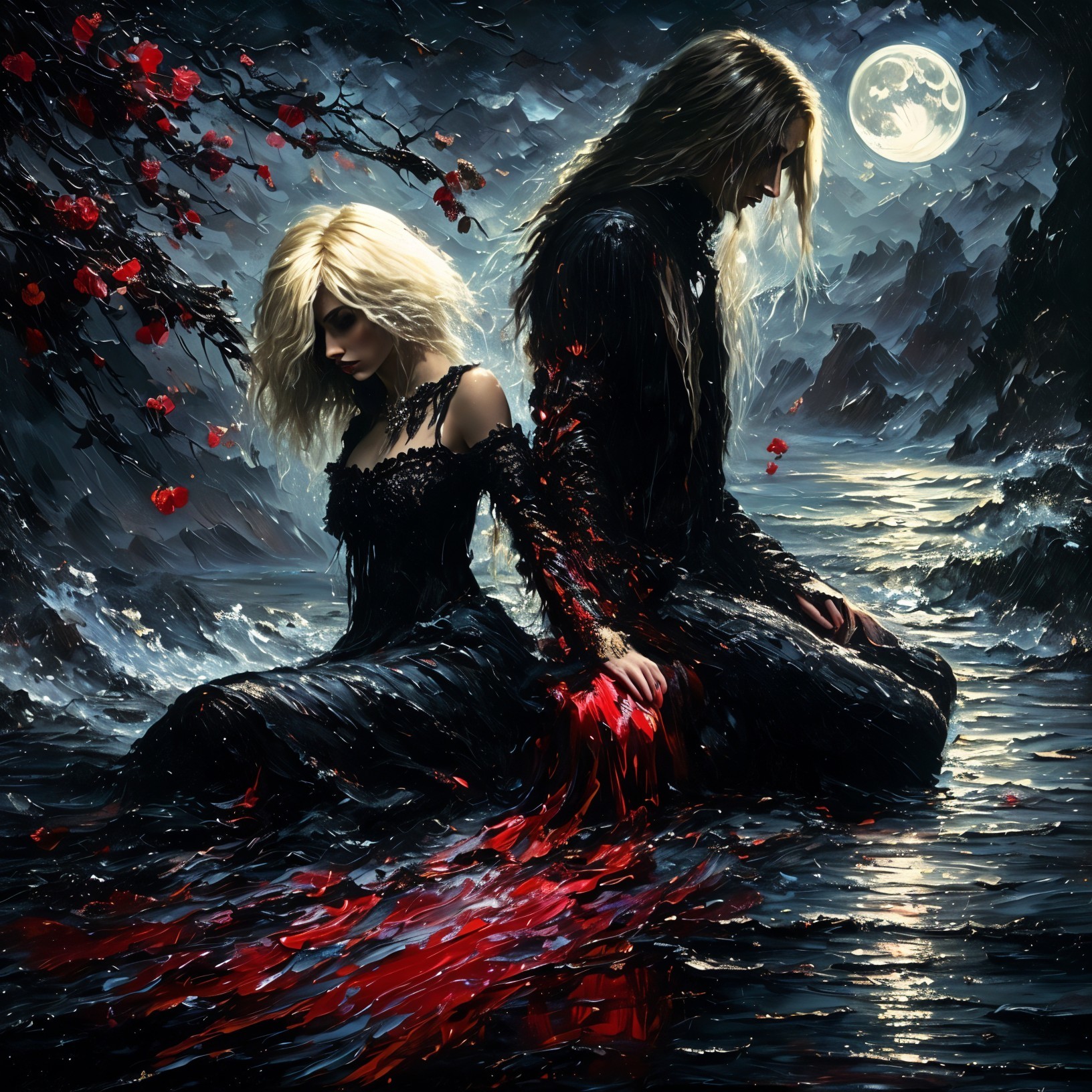Moonlit Scene of Two Figures in Reflective Water