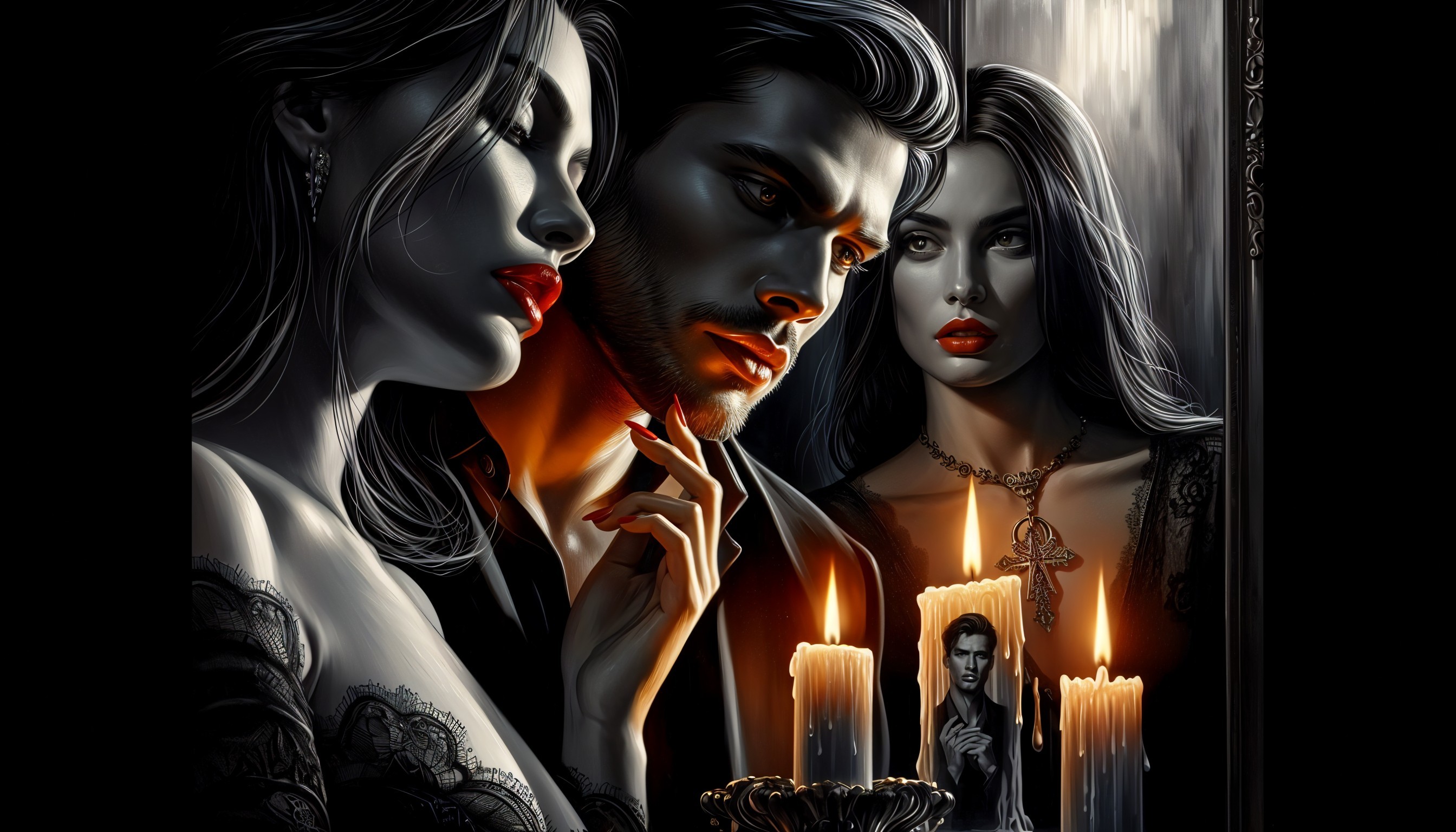 Chiaroscuro Digital Painting of Three Figures in Darkness