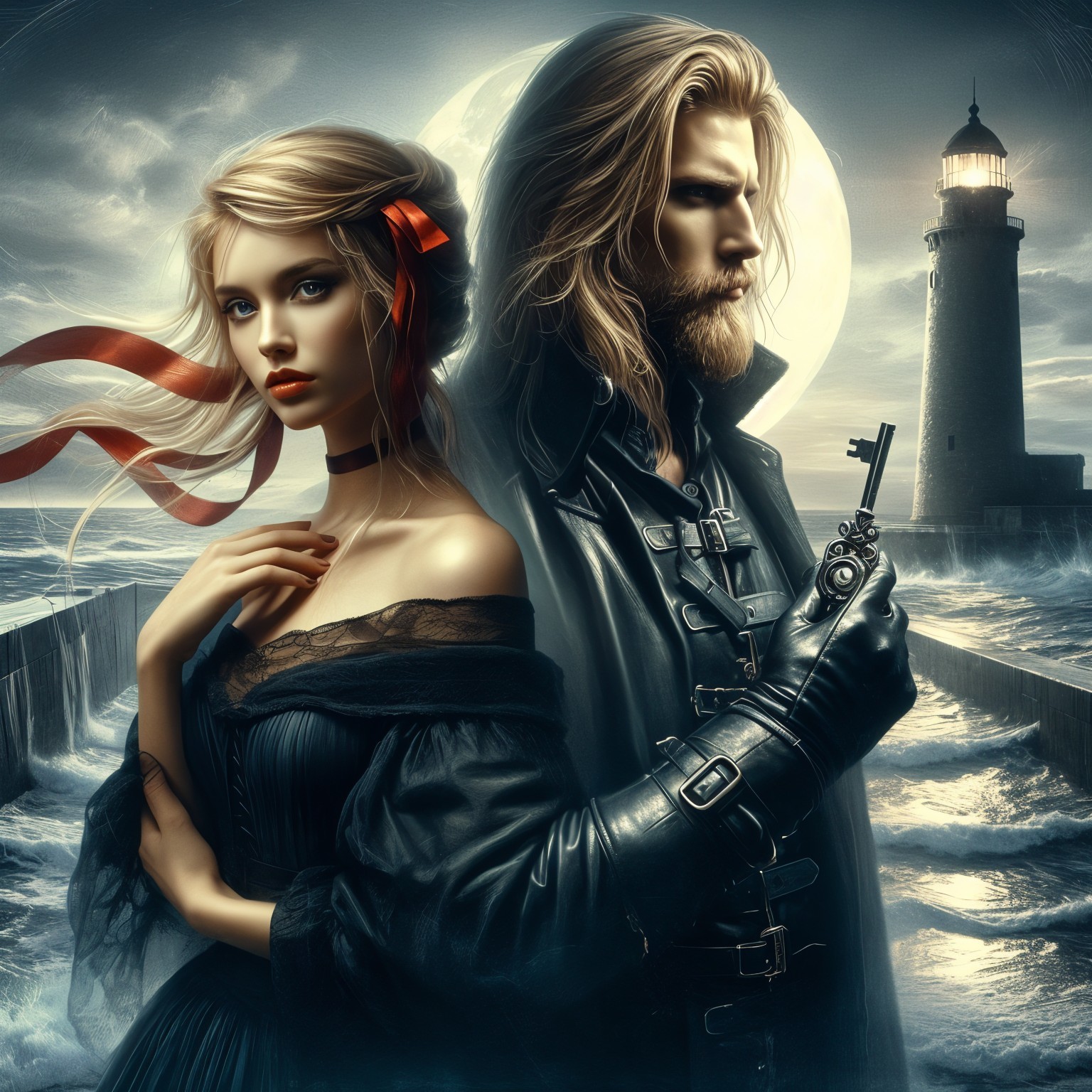 Mystical Seaside Scene with Woman and Brooding Man