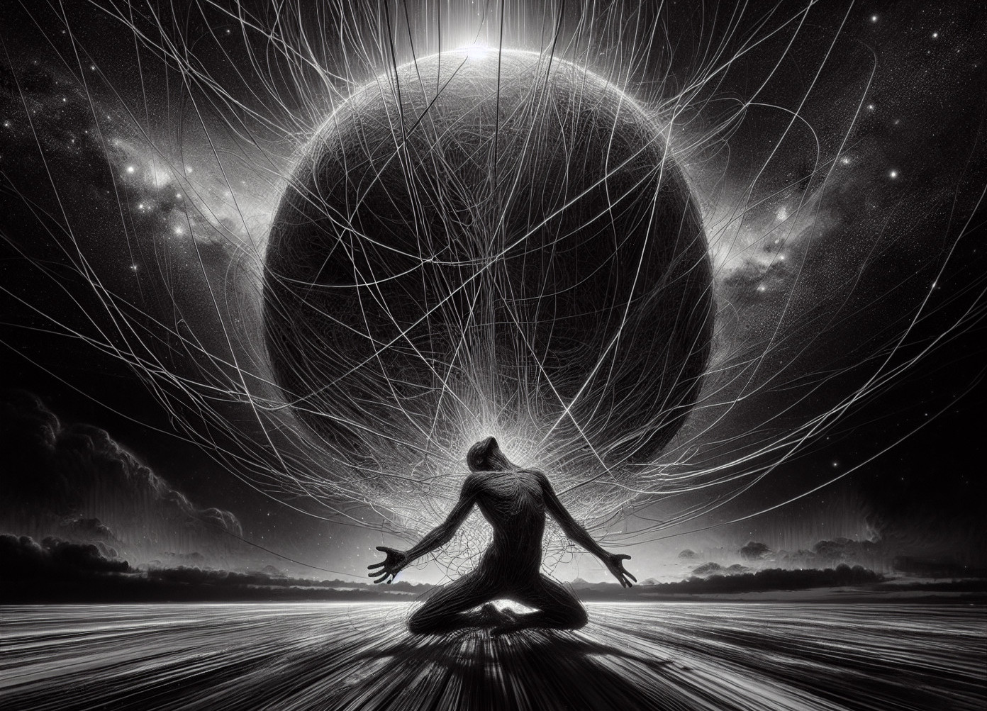 Kneeling Figure in Cosmic Landscape with Energy Sphere