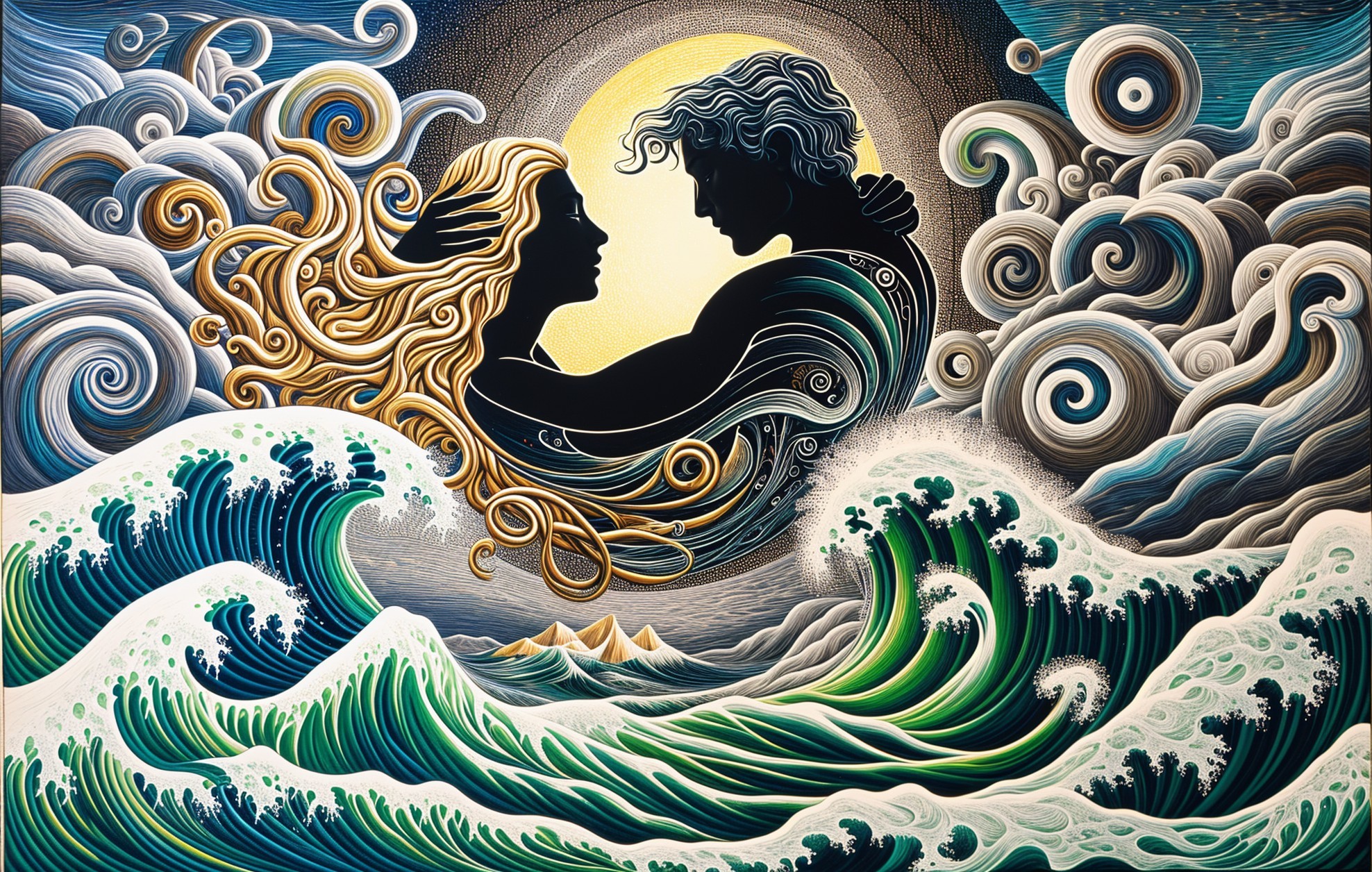 Couple Embracing by Ocean Waves and Dramatic Clouds