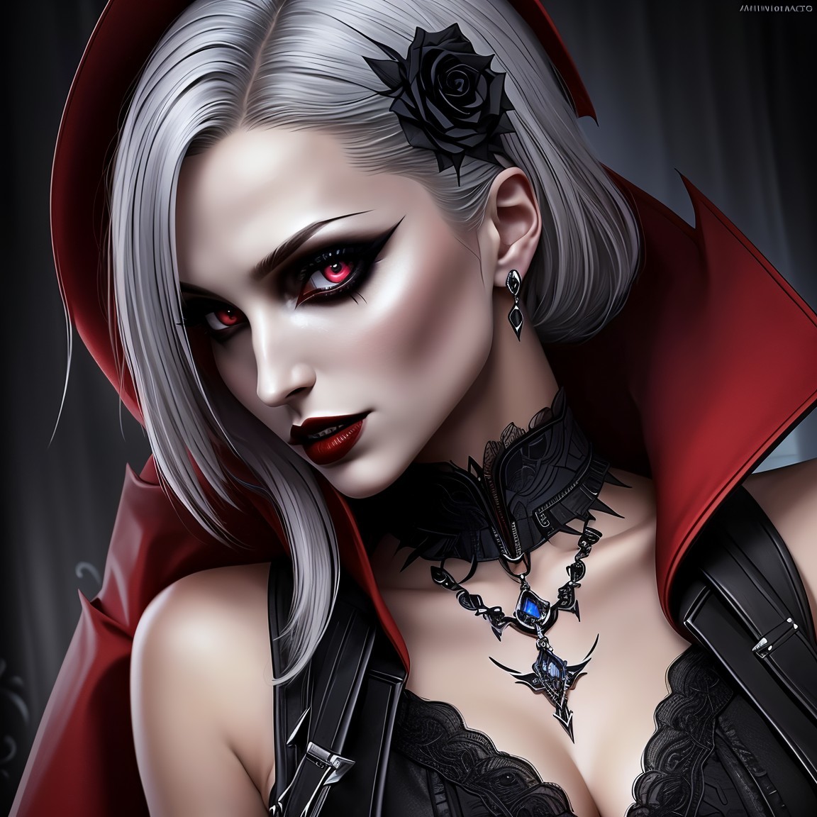 Elegant Woman with Silver Hair and Gothic Attire