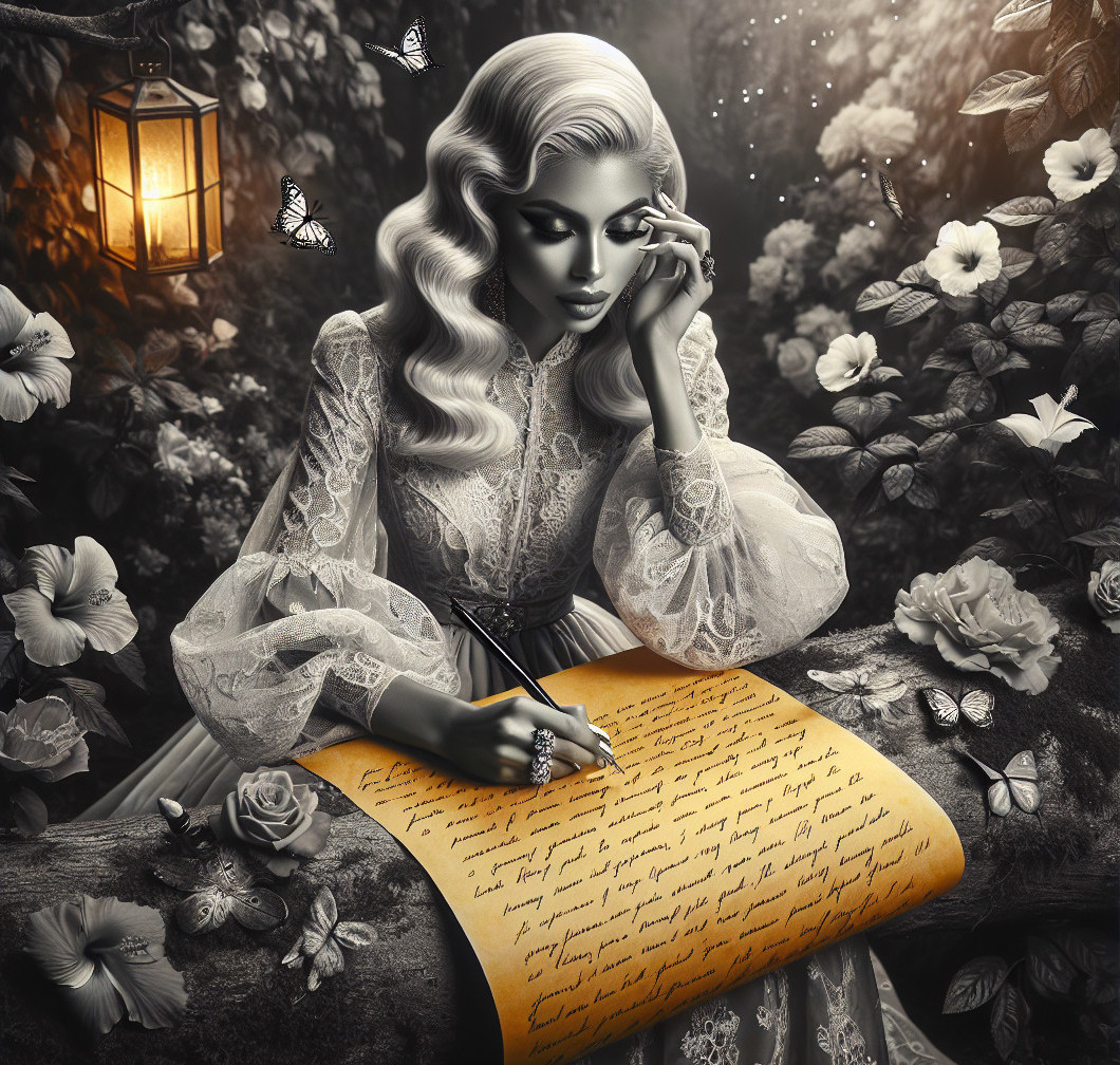 Mystical Garden Scene with Woman Writing a Letter