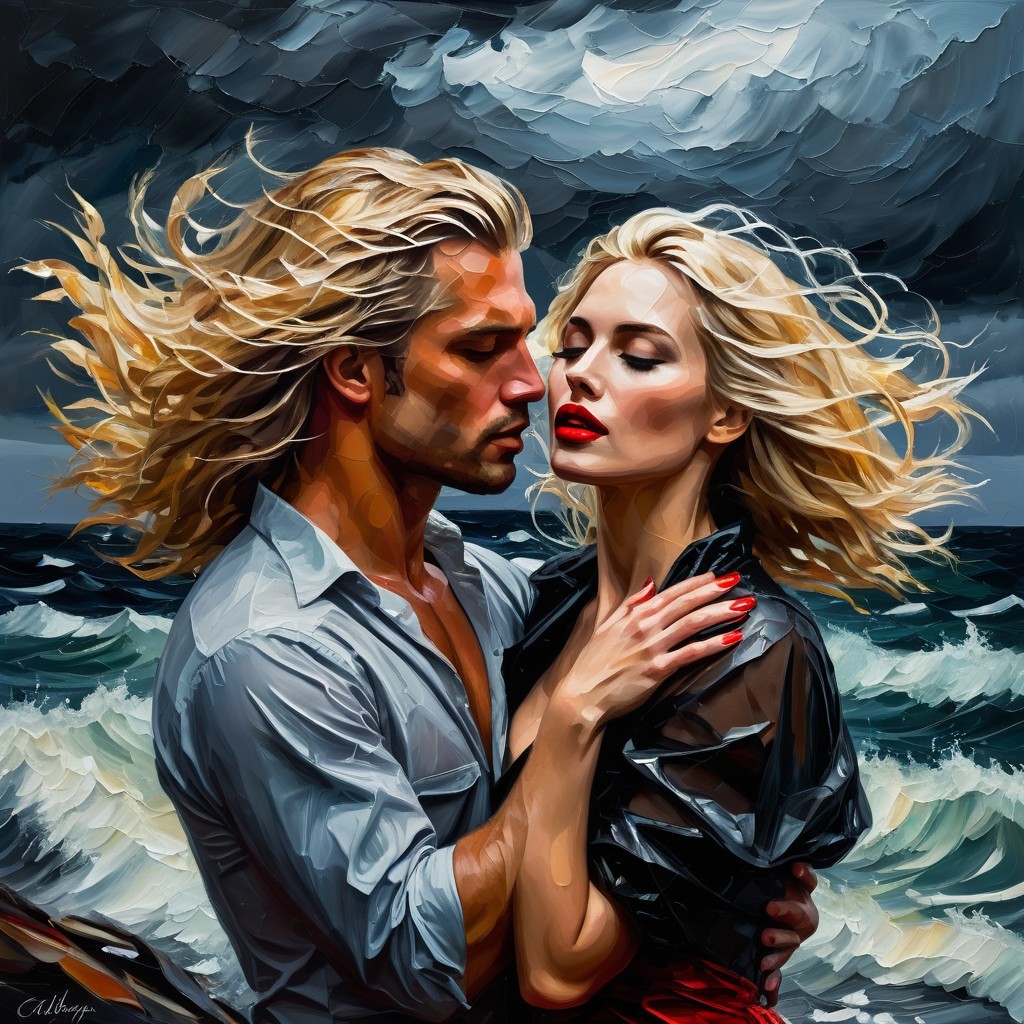 Couple Embracing with Stormy Ocean Background