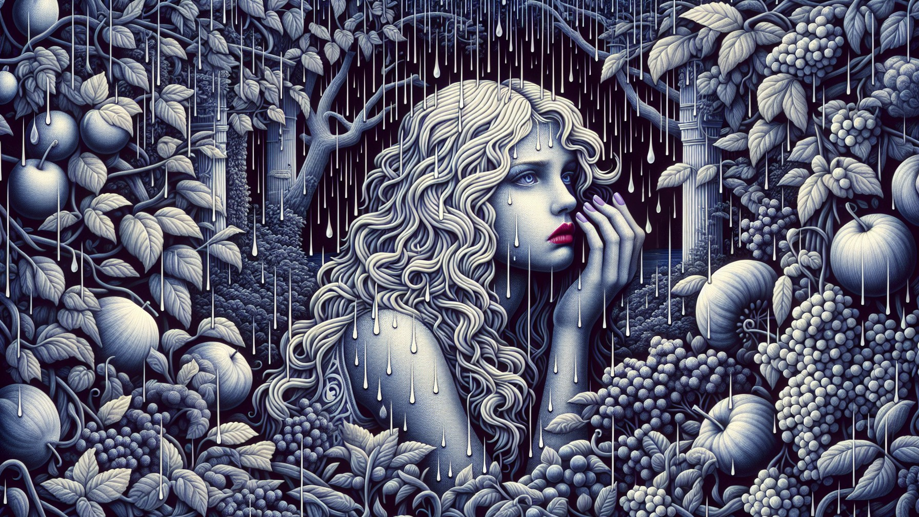 Melancholic Woman in Lush Natural Setting with Rain