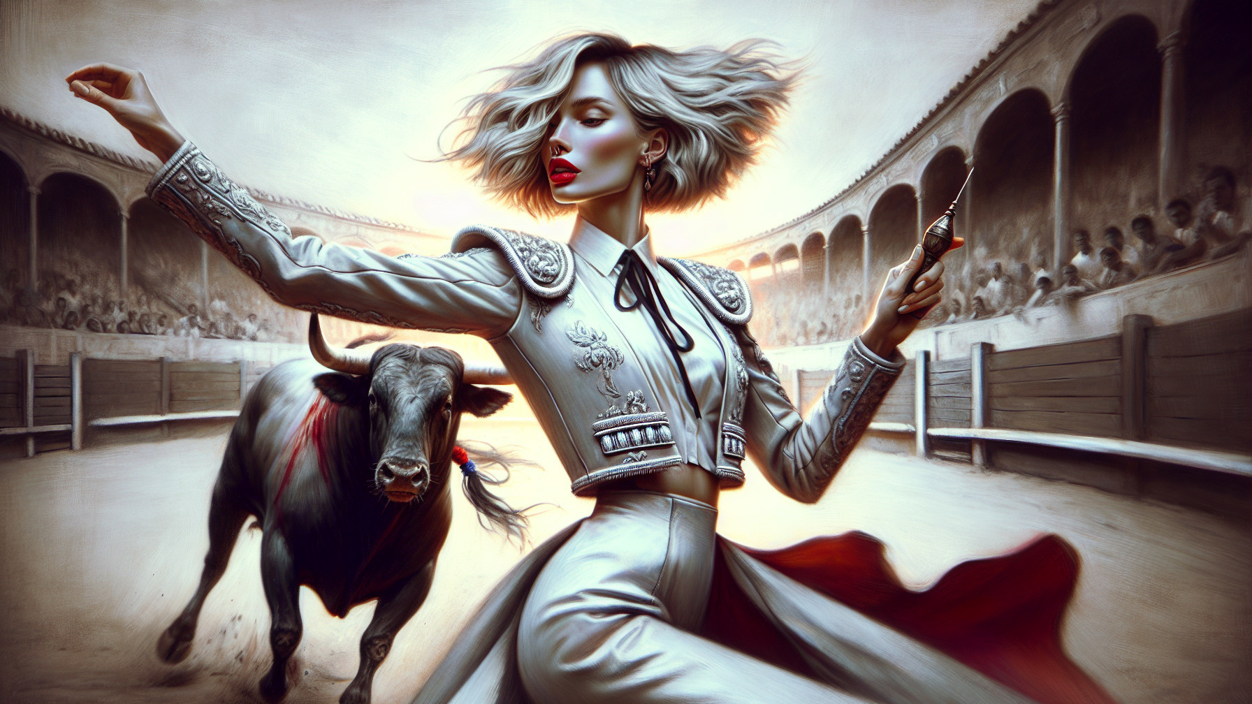 Stylish Woman in Matador Outfit Faces Bull in Bullring